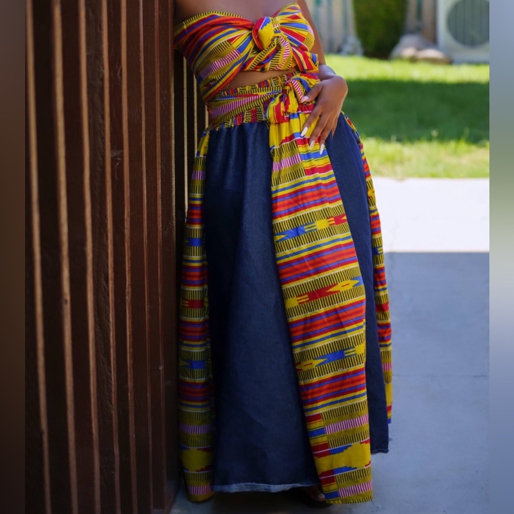 Jean /African print two piece skirt set L/XL